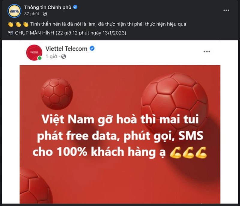 Trang Thông tin Chính phủ cũng đã chụp màn hình lại bài đăng của Viettel Trang Thông tin Chính phủ cũng đã chụp màn hình lại bài đăng của Viettel