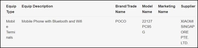 POCO C55 được chứng nhận bởi cơ quan IMDA với kiểu số máy là 22127PC95G POCO C55 được chứng nhận bởi cơ quan IMDA với kiểu số máy là 22127PC95G