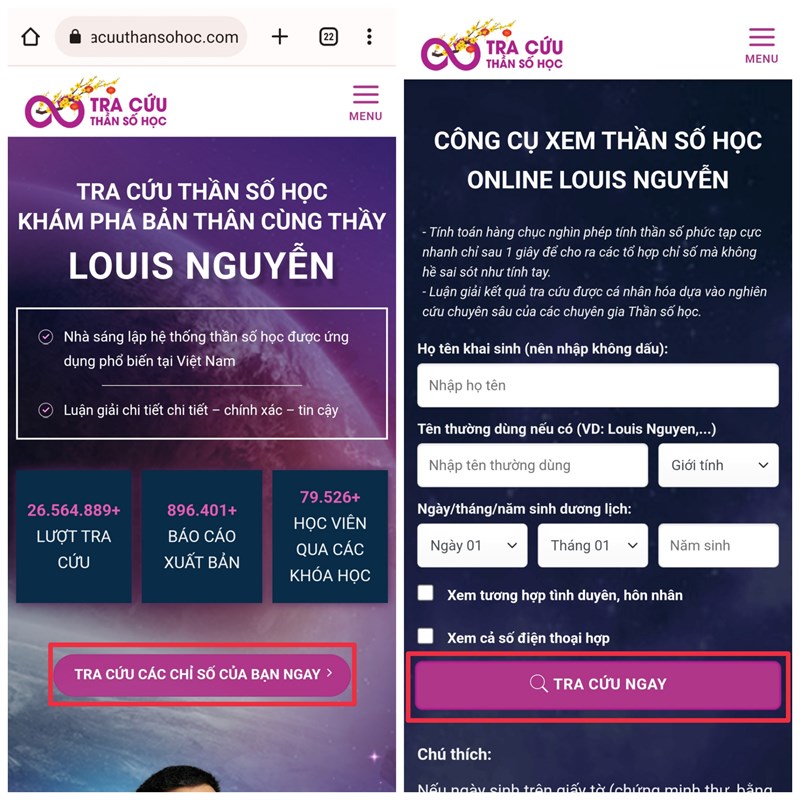 Cách tra cứu thần số học online