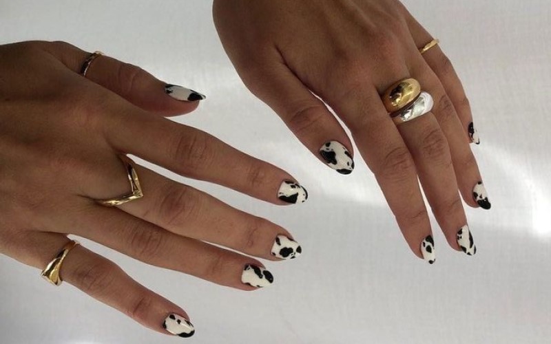 Nail họa tiết bò sữa kiểu cơ bản trắng đen