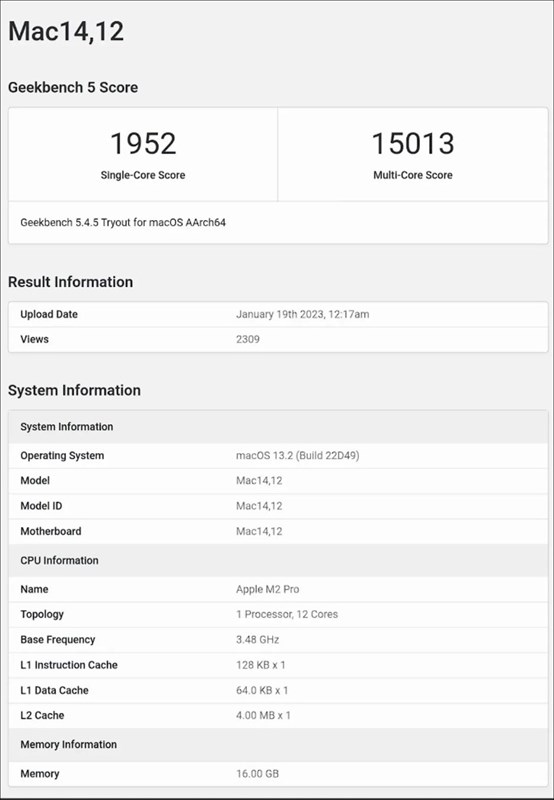 Điểm số Geekbench của vi xử lý Apple M2 Pro