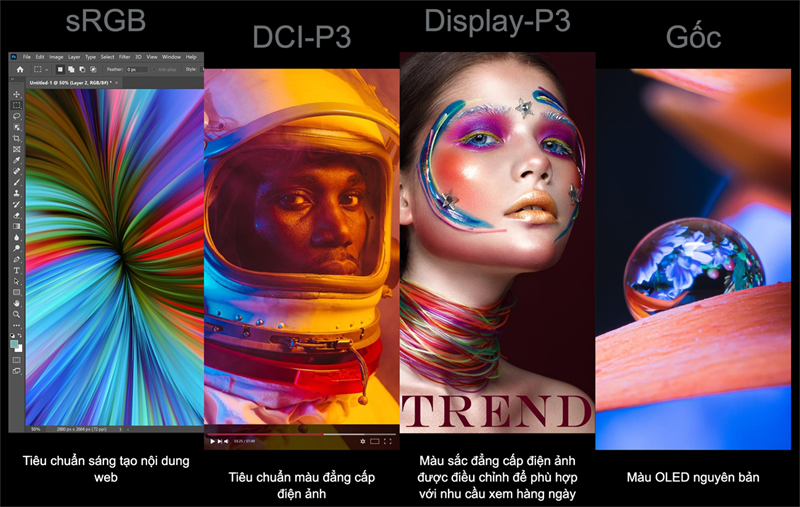 Dải màu của màn hình Vivobook Pro 15 OLED có thể được chuyển đổi một cách nhanh chóng và dễ dàng cho mọi tác vụ hoặc tùy chọn khác nhau. Nguồn: ASUS. Dải màu của màn hình Vivobook Pro 15 OLED có thể được chuyển đổi một cách nhanh chóng và dễ dàng cho mọi tác vụ hoặc tùy chọn khác nhau. Nguồn: ASUS.