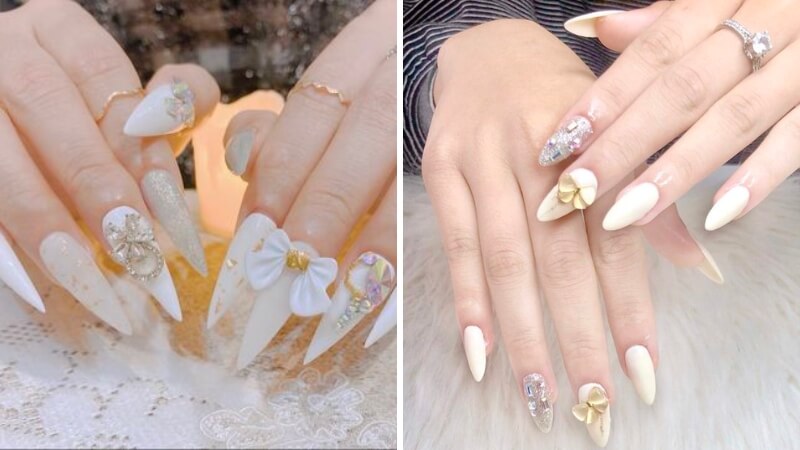 Nail màu trắng đính đá đẹp mắt