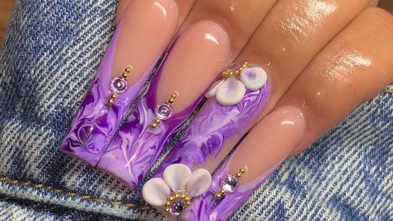 Nail tím họa tiết vân đá