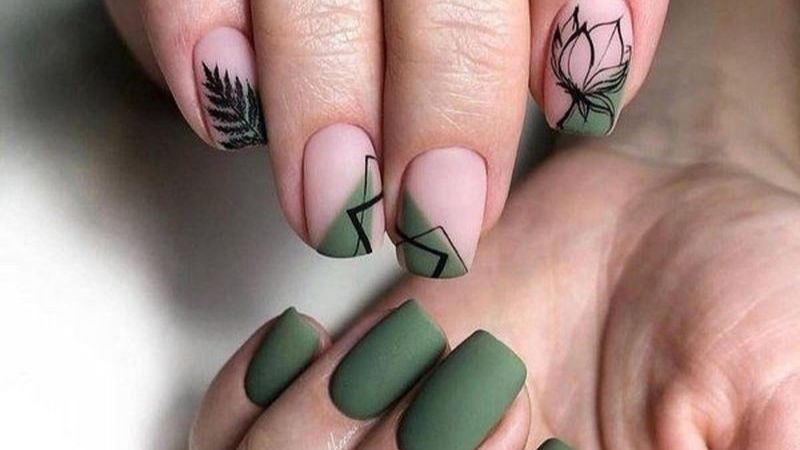 Nail xanh rêu với nhiều hình vẽ nổi bật