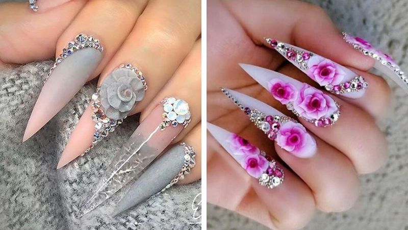 Nail móng nhọn hoa nổi