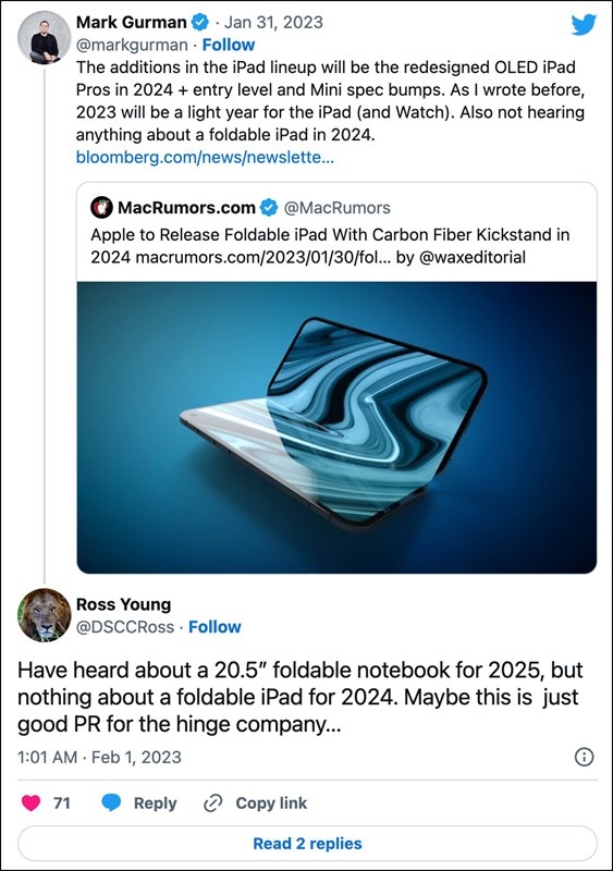 Thông tin được cả nguồn tin uy tín Mark Gurman và Ross Young đăng tải gần đây