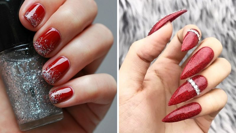 Mẫu nail đỏ đất kim tuyến