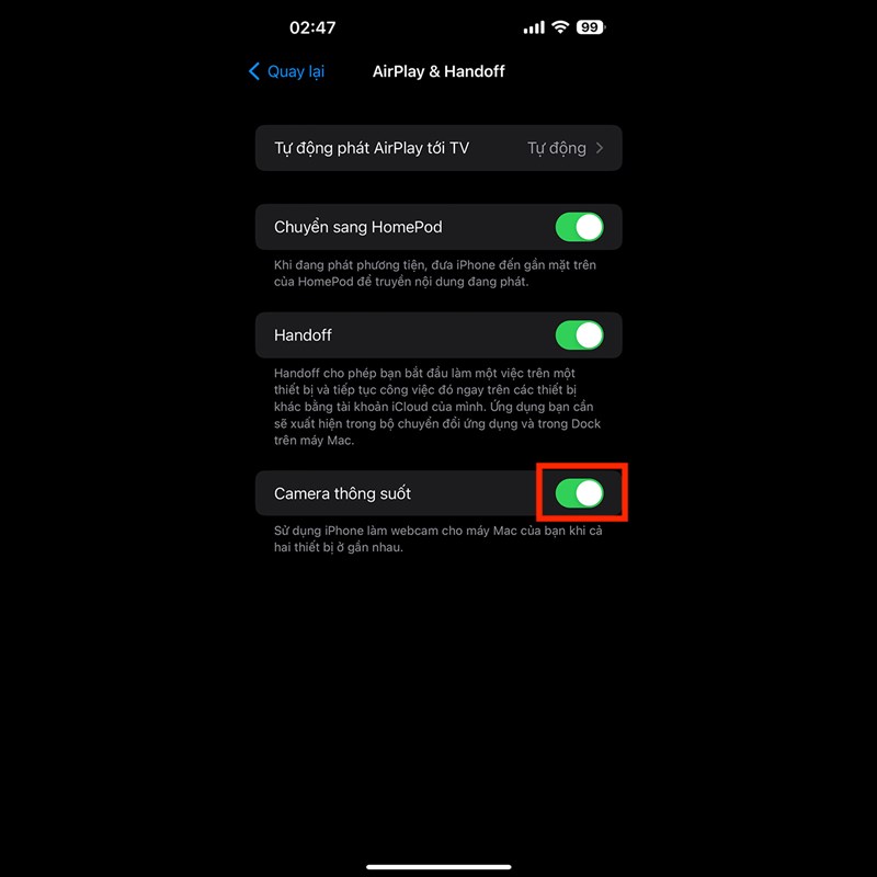 bật chức năng camera thông suốt