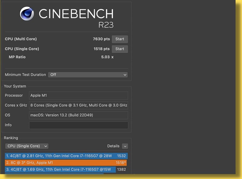 Điểm CineBench R23 của Mac Mini M1. Điểm CineBench R23 của Mac Mini M1.