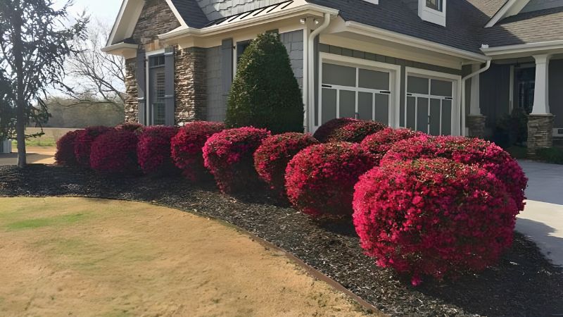 Những cây hồng phụng được cắt tỉa tròn trang trí sân nhà