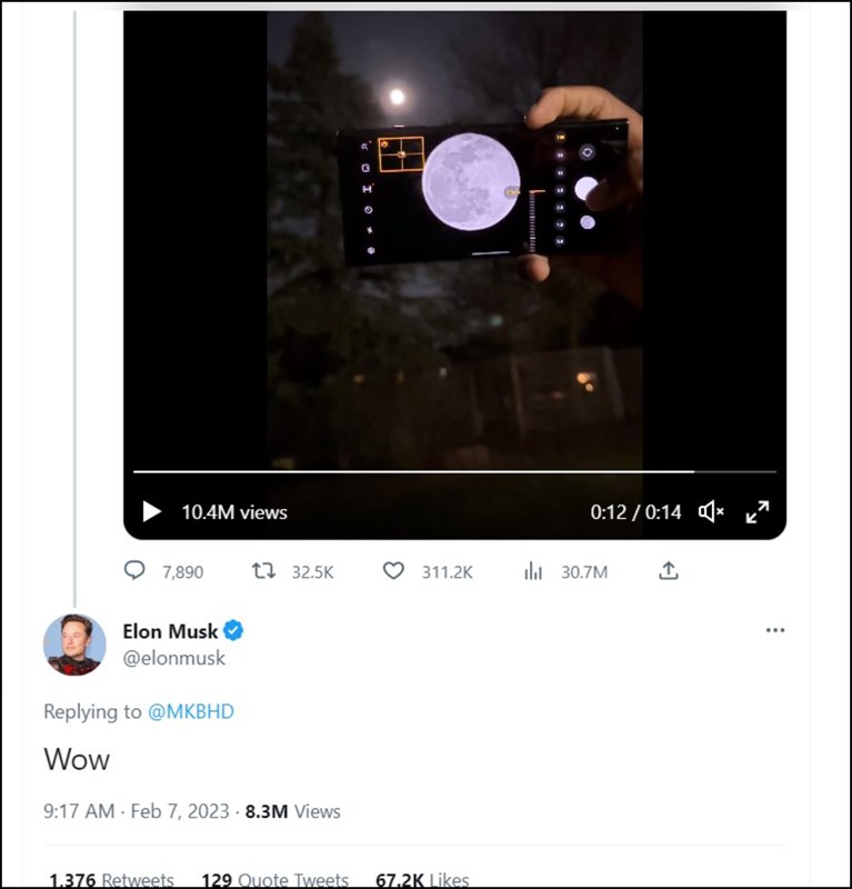 Elon Musk đã bất ngờ với khả năng của phóng to của Galaxy S23 Ultra Elon Musk đã bất ngờ với khả năng của phóng to của Galaxy S23 Ultra