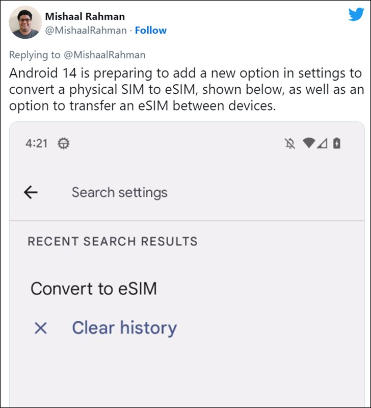 Android 14 trang bị tính năng chuyển SIM vật lý thành eSIM
