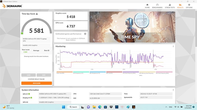 Điểm 3Dmark trên Acer Nitro 5 Tiger AN515 58 773Y.