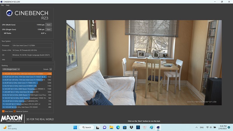 Điểm Cinebench R23 trên Acer Nitro 5 Tiger AN515 58 773Y.