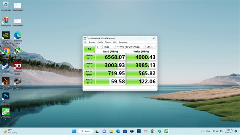 Đo tốc độ đọc/ghi của ổ cứng SSD 512 GB bên trong Acer Nitro 5 Tiger AN515 58 773Y.