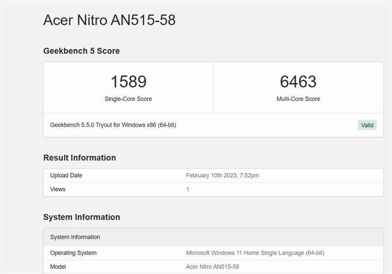 Điểm GeekBench 5 trên Acer Nitro 5 Tiger AN515 58 773Y.