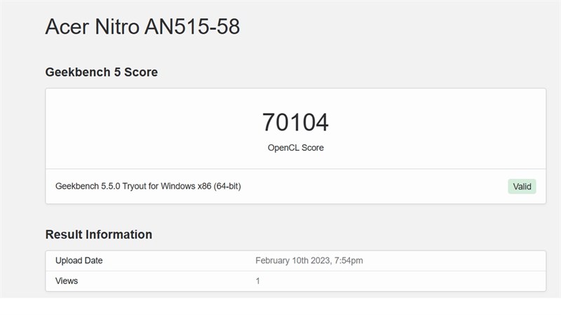 Điểm GeekBench 5 trên Acer Nitro 5 Tiger AN515 58 773Y.