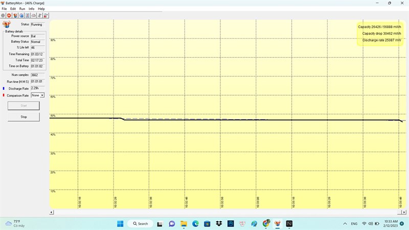 Đo thời lượng sử dụng pin của Acer Nitro 5 Tiger AN515 58 773Y khi dùng các tác vụ thường và có chơi game 20 phút.