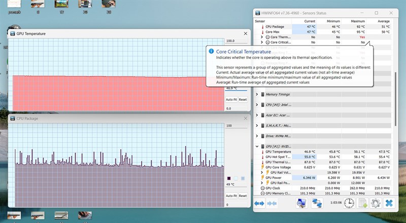 Đo nhiệt độ CPU và GPU của Acer Nitro 5 Tiger AN515 58 773Y bằng phần mềm HWiNFO64.