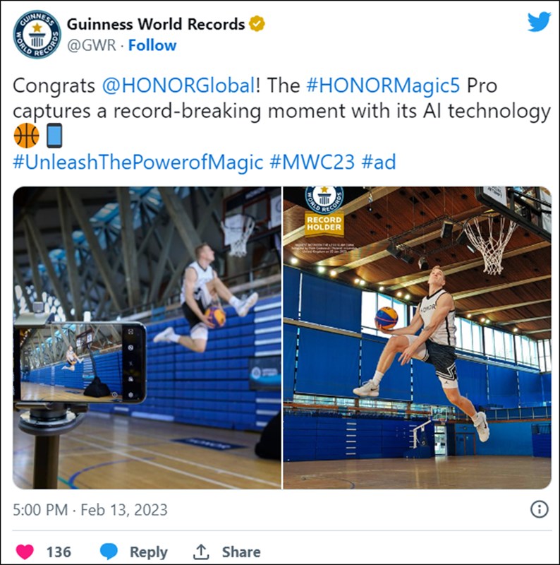 Honor Magic5 Pro ghi lại khoảnh khắc kỷ phá lục thế giới