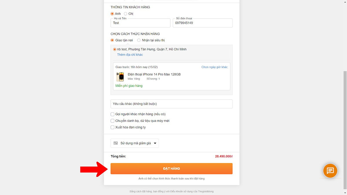 Nhập th&ocirc;ng tin v&agrave; chọn &ldquo;ĐẶT H&Agrave;NG&rdquo;