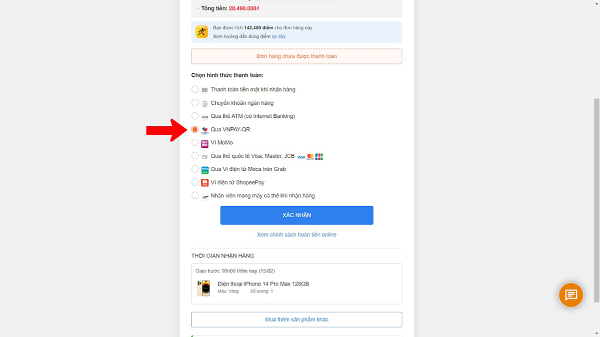 Chọn h&igrave;nh thức thanh to&aacute;n VNPAY-QR