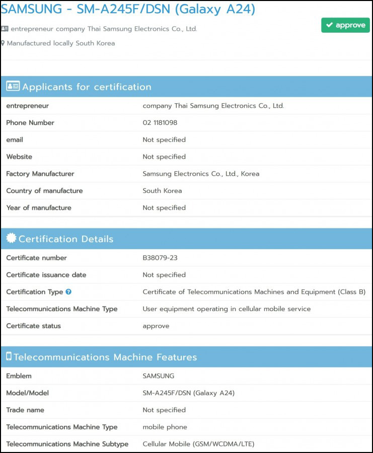 Samsung Galaxy A24 lộ diện trên trang chứng nhận của Thái Lan