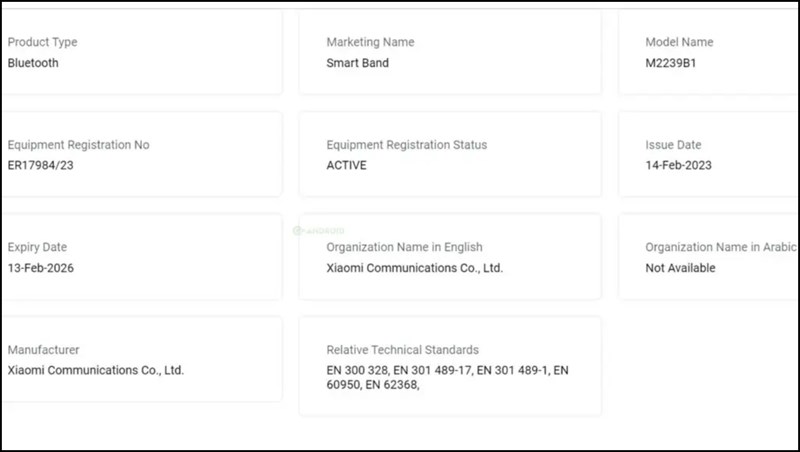 Xiaomi Smart Band 8 có số kiểu máy là M2239B1