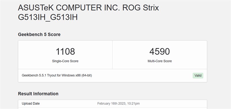 Điểm GeekBench 5 trên ASUS ROG Strix G15 (2021).