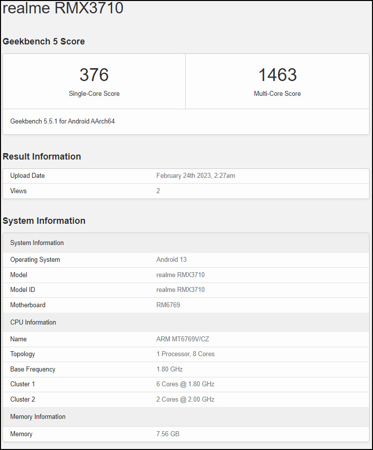 Ảnh rò rỉ trên trang Geekbench của mẫu realme C55