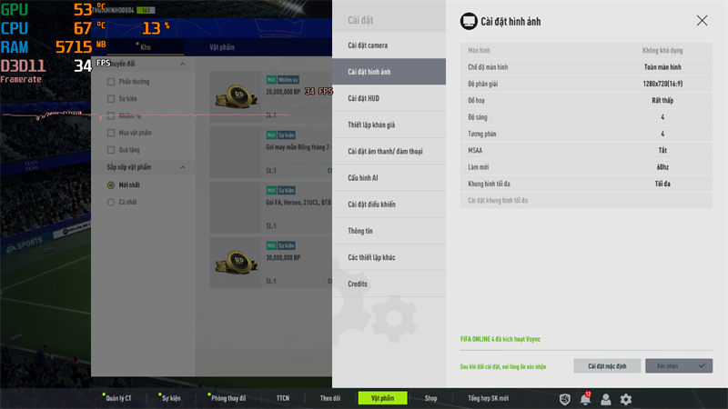 Thiết lập đồ họa trong FIFA Online 4 mà mình chỉnh trên Lenovo Ideapad Slim 3.