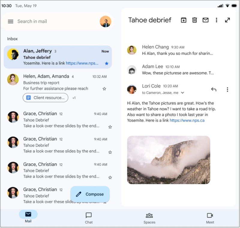Giao diện Gmail được tối ưu hóa cho thiết bị màn hình lớn