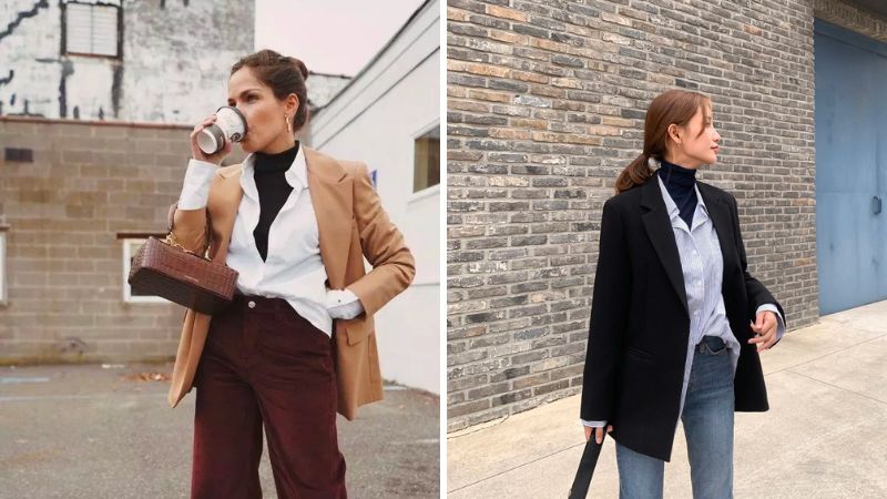 Phối đồ layer nữ: Áo sơ mi, áo len cổ lọ và blazer