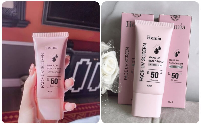 Kem chống nắng Hemia có thành phần chống nắng cao SPF 50+ PA+++ giúp bảo vệ da trước tia UV một cách hiệu quả, giúp chống ung thư da