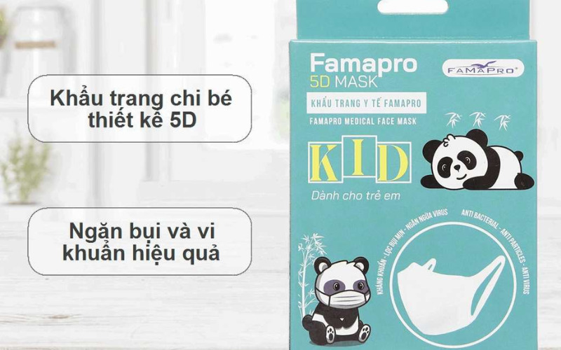 Khẩu trang trẻ em Famapro 5D quai vải 3 lớp