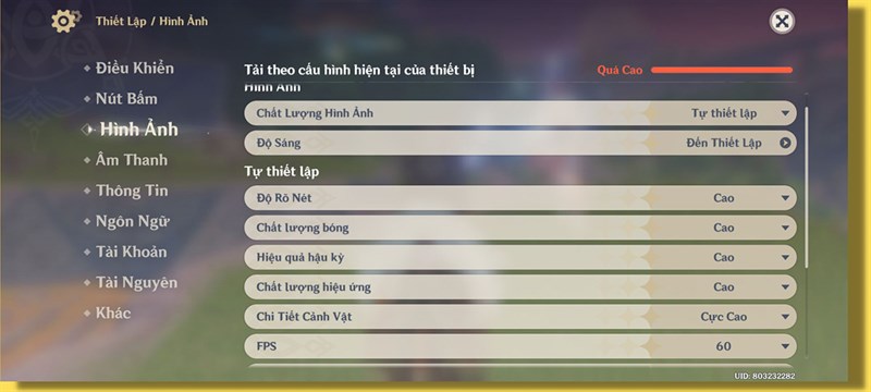 Thiết lập đồ họa Genshin Impact mà mình chỉnh trên Xiaomi 13.