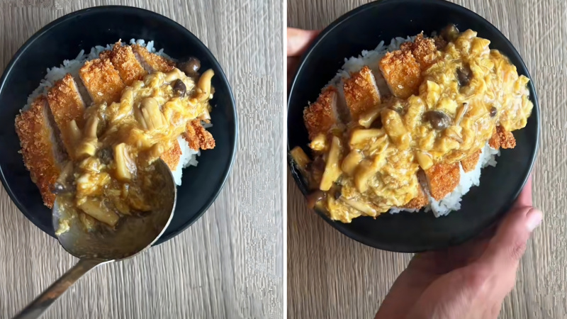 Learn from tiktoker how to make fried pork rice with delicious crispy egg mushroom sauce