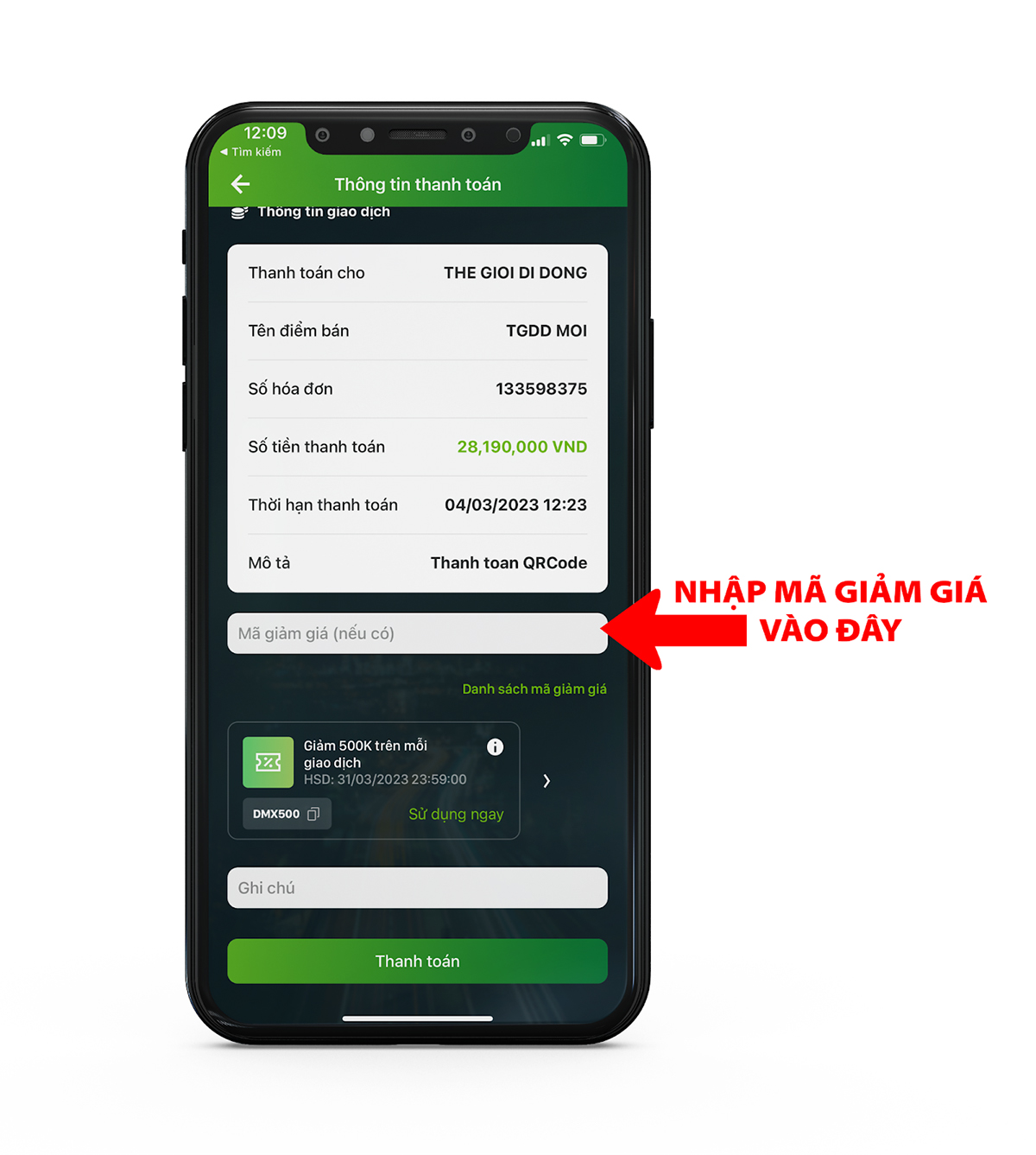 Nhập m&atilde; v&agrave; kiểm tra số tiền đ&atilde; được giảm trừ & TIẾP TỤC để ho&agrave;n tất.