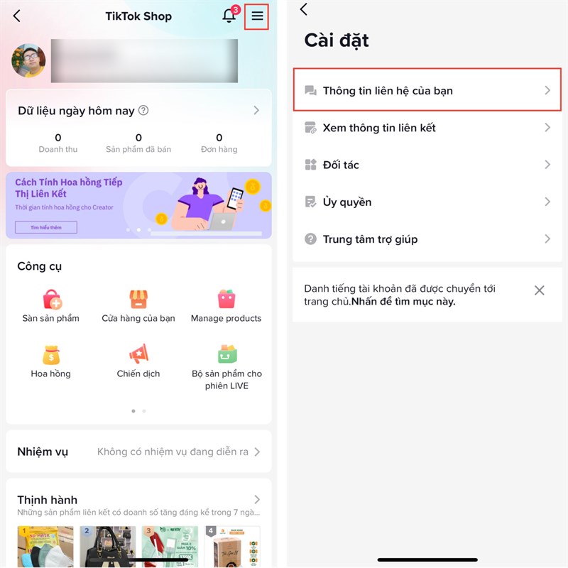 Cách thêm thông tin liên hệ TikTok Shop