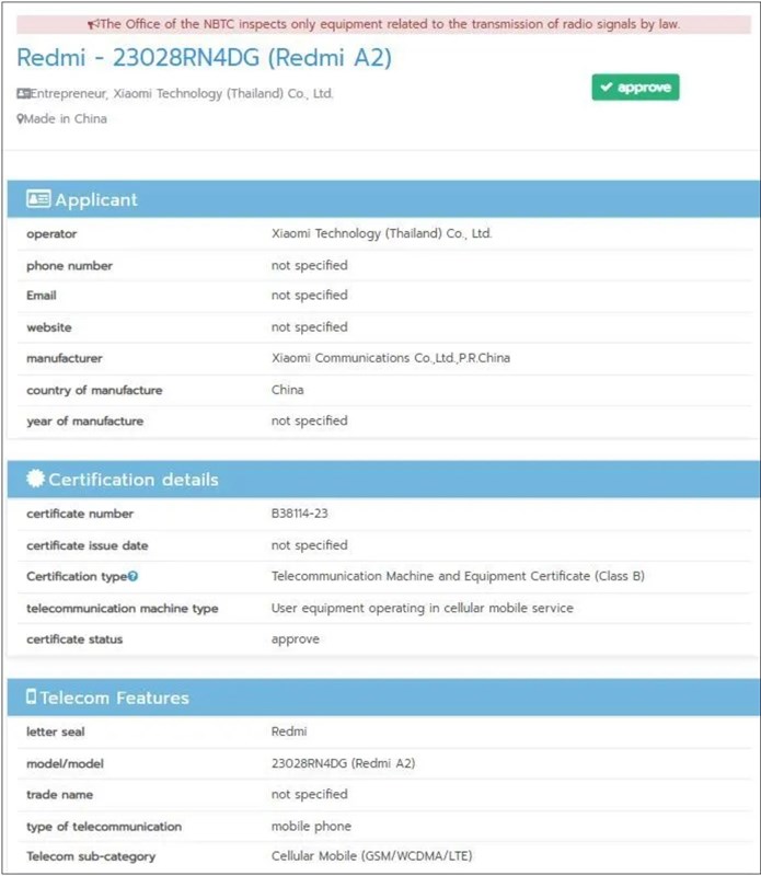 Redmi A2 trên NBTC
