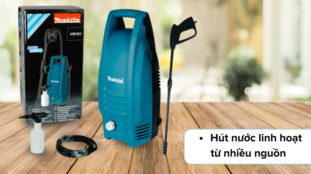 Máy phun xịt rửa áp lực cao Makita HW101 1300W có màu xanh làm chủ đạo tạo được sự chắc chắn.