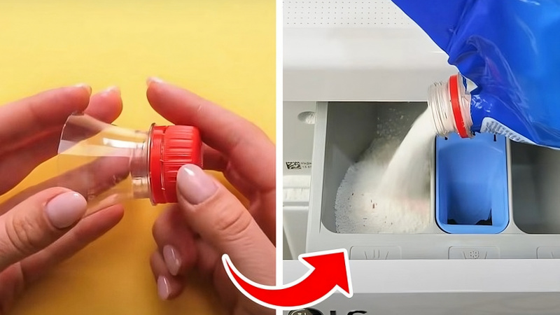 Reuse plastic bottle caps as pour spouts for laundry detergent packets