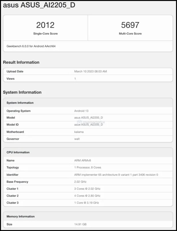 Thông số kỹ thuật chính của ASUS ROG Phone 7D trên Geekbench