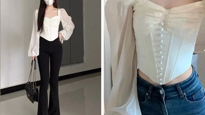 Mix áo corset tay bồng với quần jean khỏe khoắn