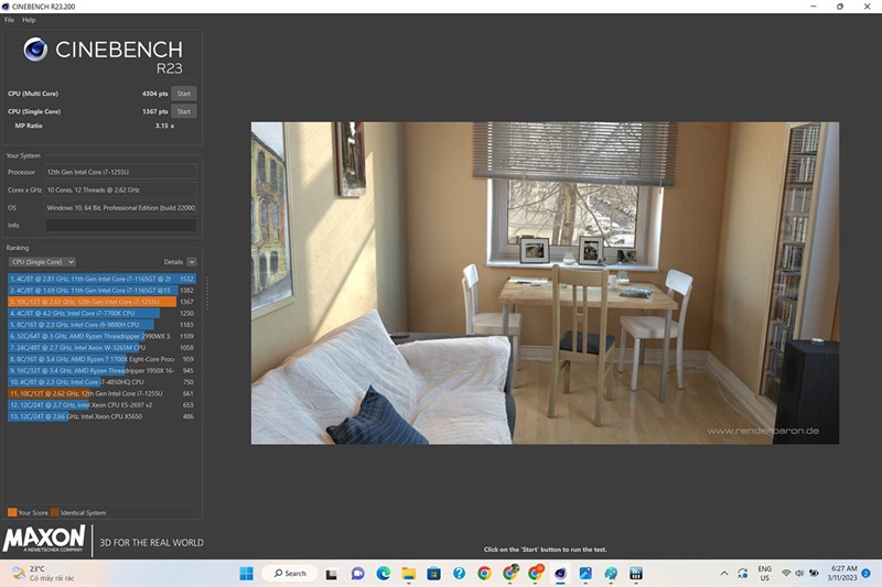 Điểm Cinebench R23 trên HP Elitebook Dragonfly G3.