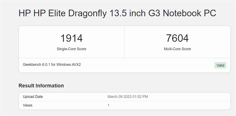 Điểm GeekBench 5 trên HP Elitebook Dragonfly G3.