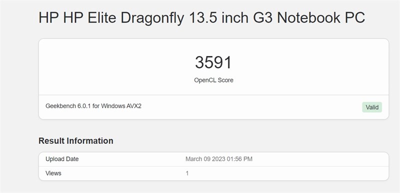 Điểm GeekBench 5 trên HP Elitebook Dragonfly G3.