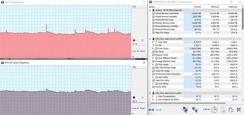 Đo nhiệt độ CPU và GPU của HP Elitebook Dragonfly G3 bằng phần mềm HWiNFO64.