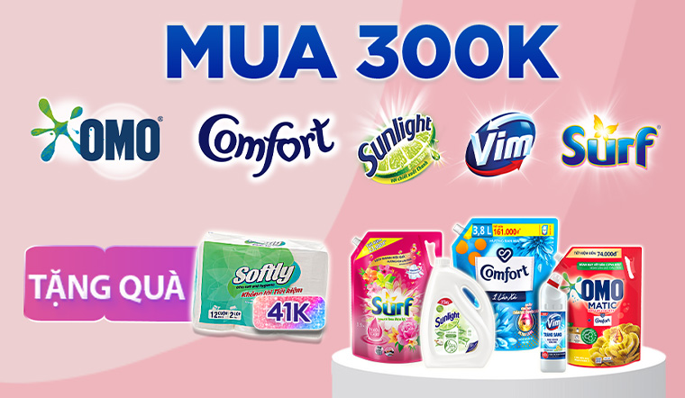Mua 300k Omo, Sunlight, Comfort, Surf, Vim tặng lốc giấy vệ sinh 41k